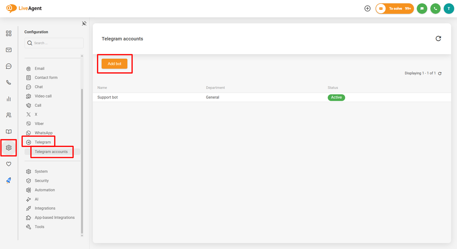 Posnetek zaslona LiveAgent Telegram integracijske konfiguracijske plošče, ki prikazuje gumb Dodaj bota