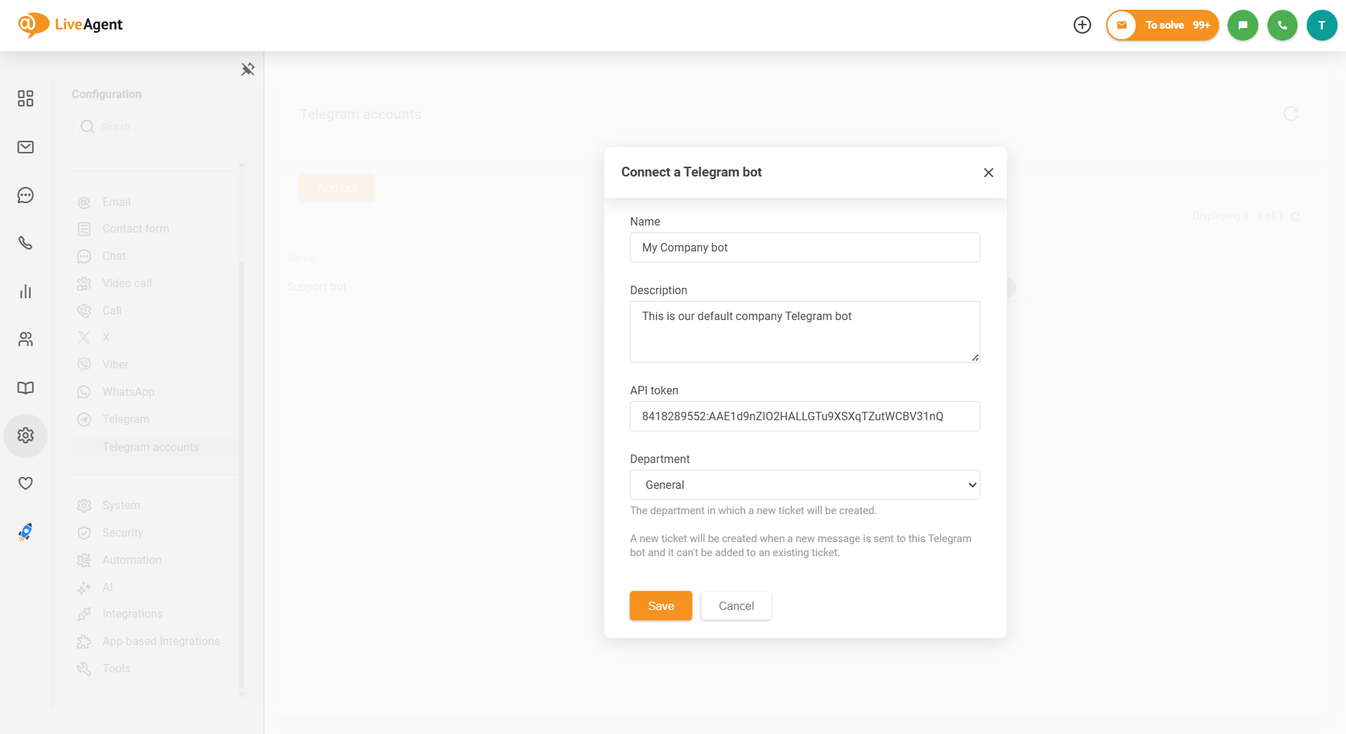 Posnetek zaslona LiveAgent Telegram integracije, kako povezati bota