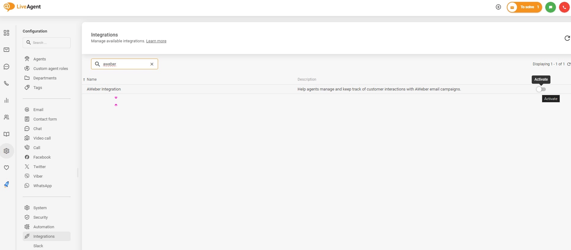 Aktivirajte integracijo AWeber v LiveAgent