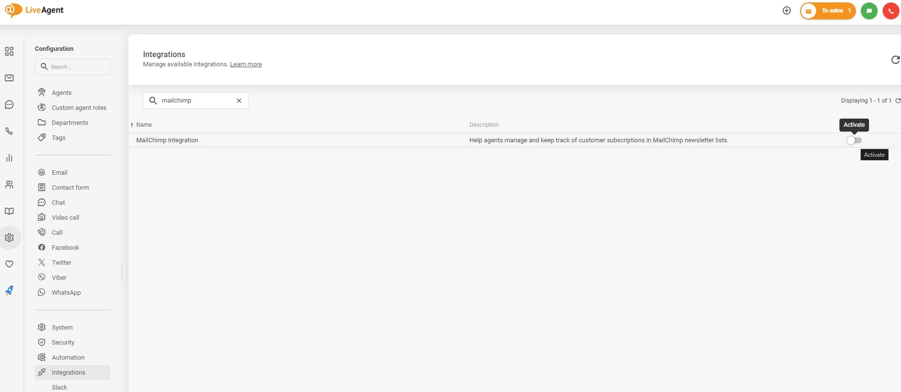 Aktivirajte integracijo Mailchimp v LiveAgentu
