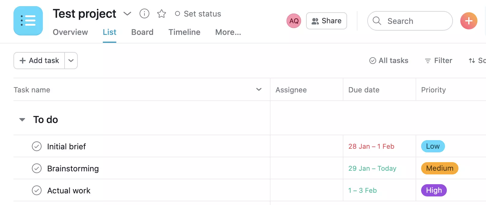 Primer projekta Asane