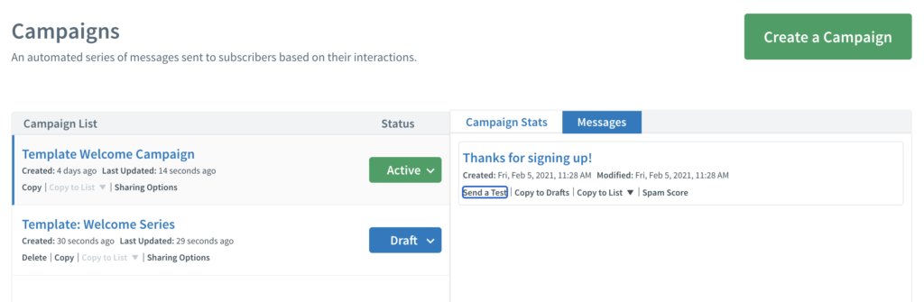 Predogled kampanj AWeber