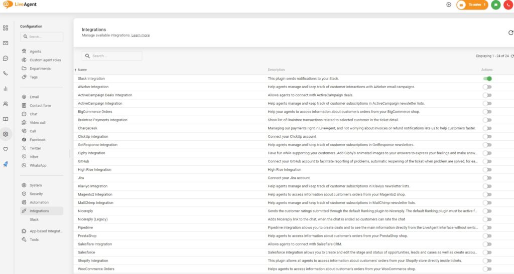Aktivirajte integracije v LiveAgent