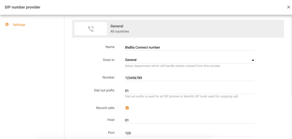 Nastavitev integracije BlaBla Connect v konfiguraciji klicev LiveAgent