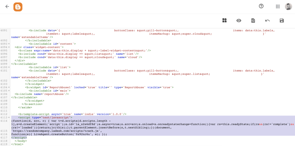 Koda Blogger s kodo gumba za klepet vstavljena