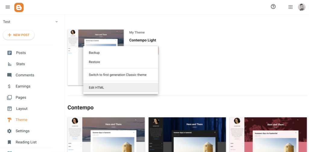 Možnost Uredi HTML v nastavitvah teme Blogger
