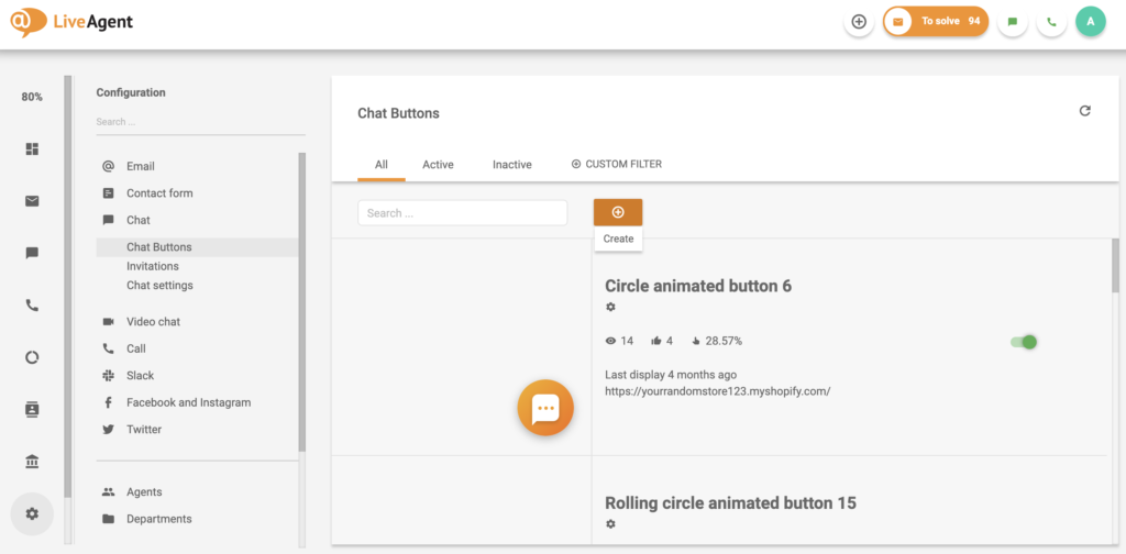 Nastavitve gumba za klepet v konfiguraciji LiveAgent