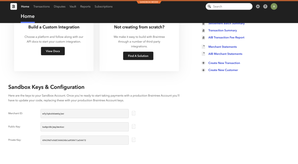 Ključi in konfiguracija v Braintree