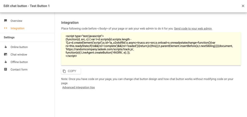 Koda gumba za klepet, ustvarjena v LiveAgent