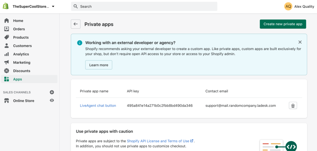 Ustvari novo zasebno aplikacijo v Shopifyju za ustvarjanje integracije z LiveAgent
