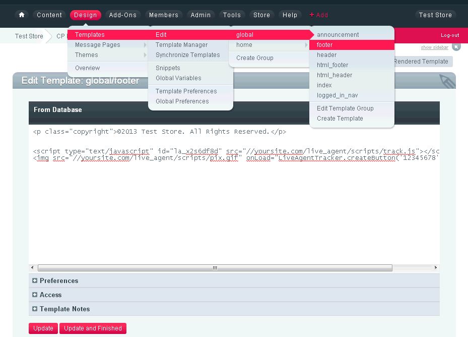 Koda spletnega mesta ExpressionEngine s kodo gumba za chat LiveAgent