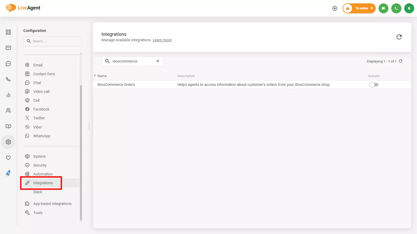Slika, ki prikazuje, kje najti integracijo Woocommerce v LiveAgent