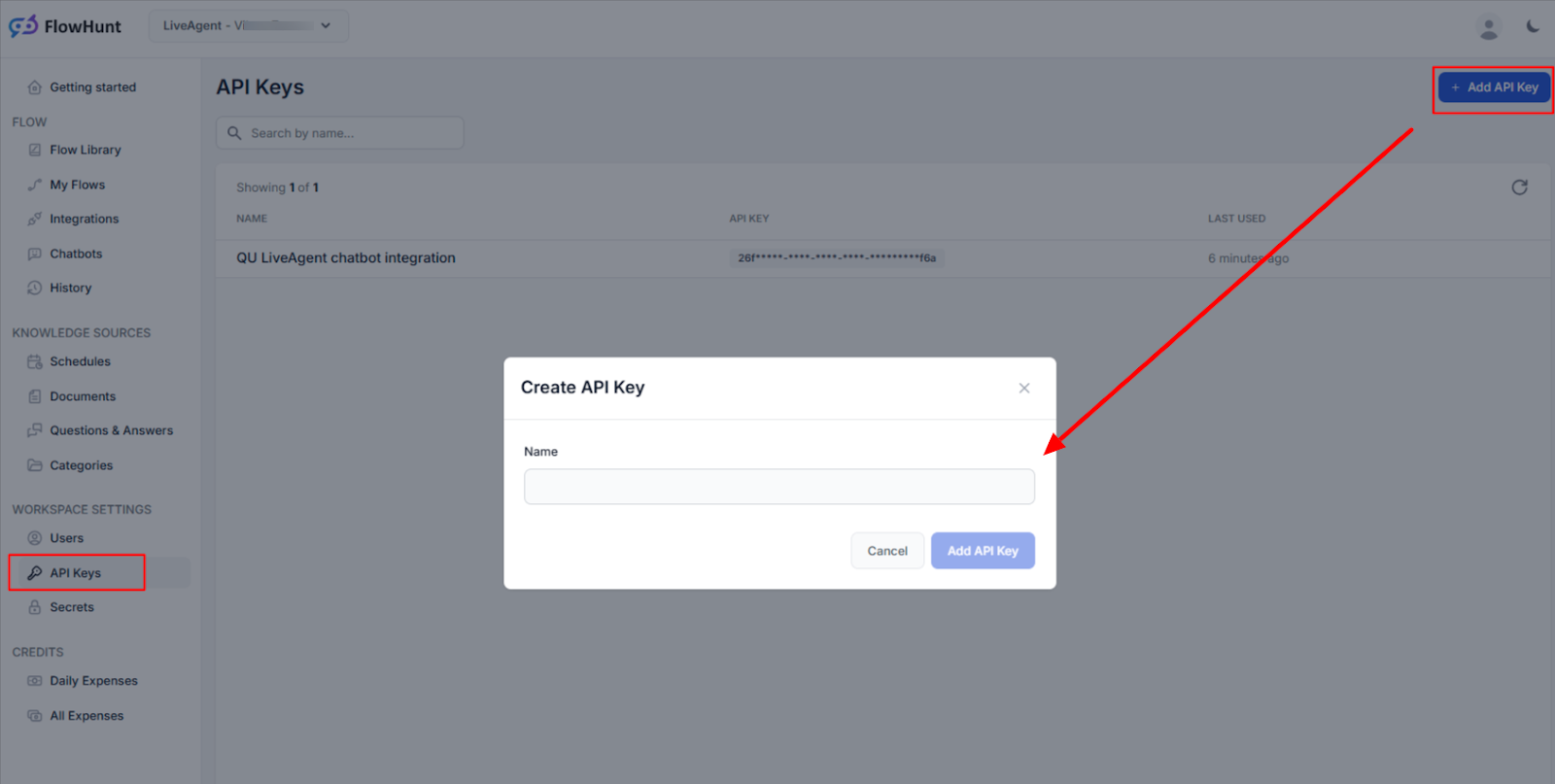 Ustvarjanje ključa API za integracijo delovnega prostora FlowHunt z LiveAgent