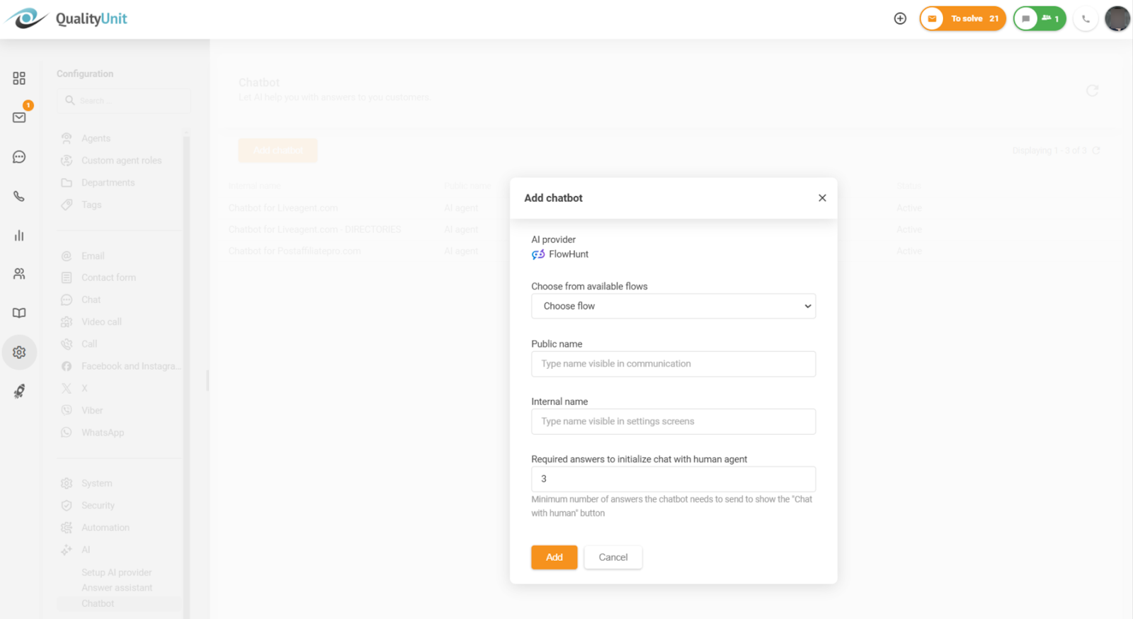 Konfiguriranje najmanjšega števila zahtevanih odgovorov pred omogočanjem možnosti klepeta s človeško agentom