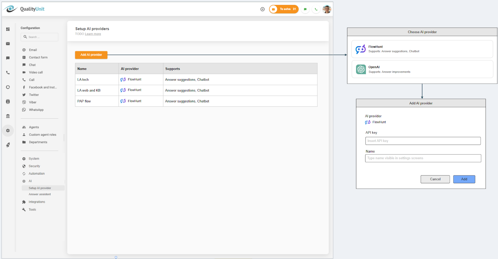 Povezovanje ponudnika umetne inteligence LiveAgent