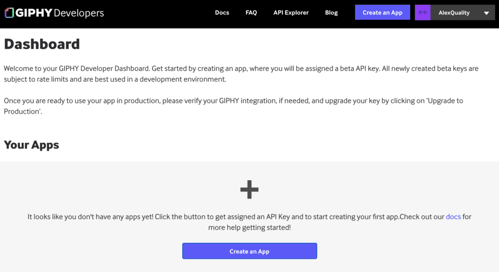 Nadzorna plošča Giphy z možnostjo ustvarjanja aplikacije za ustvarjanje ključa API