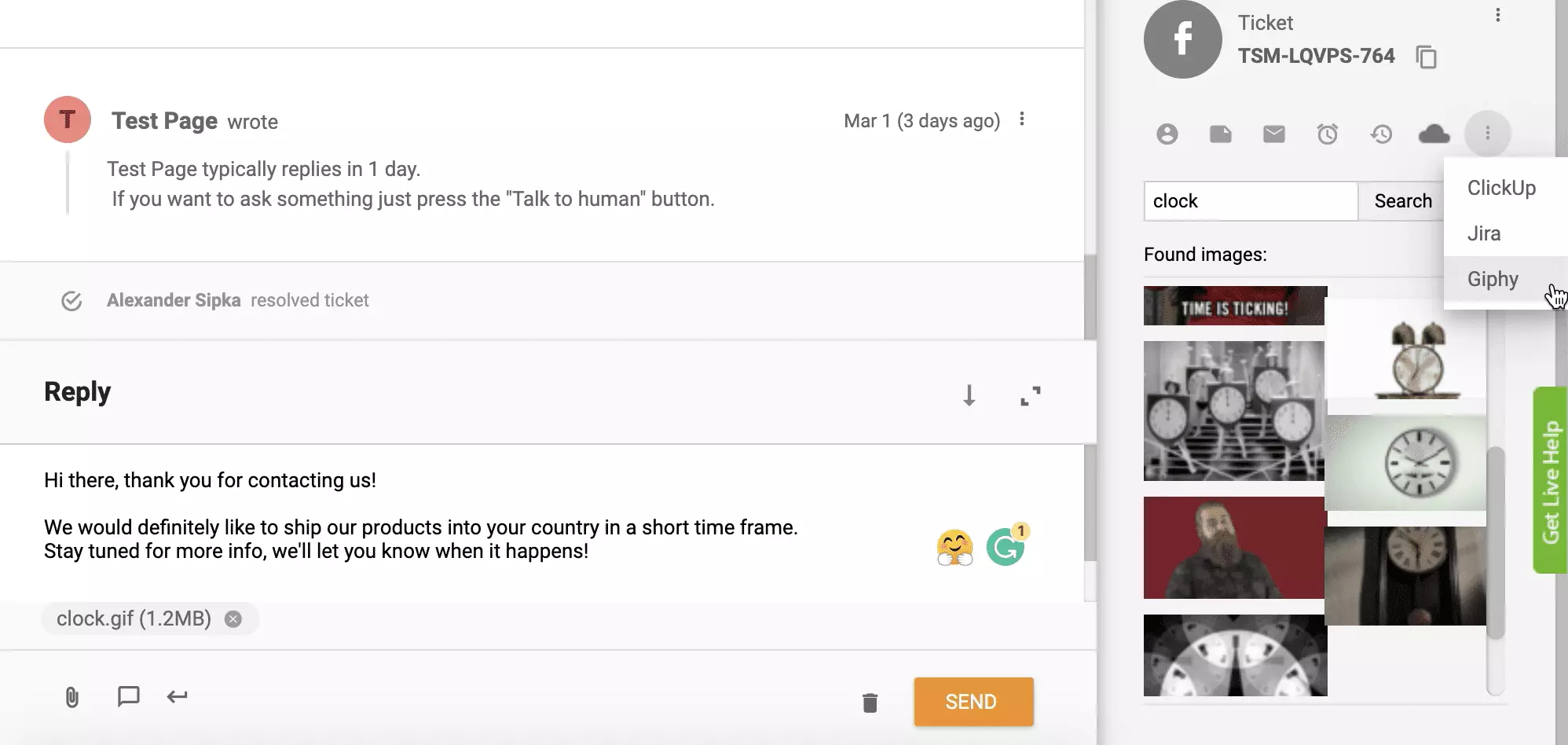 Integracijo Giphy aktivirana in deluje v sistemu vstopnic LiveAgent