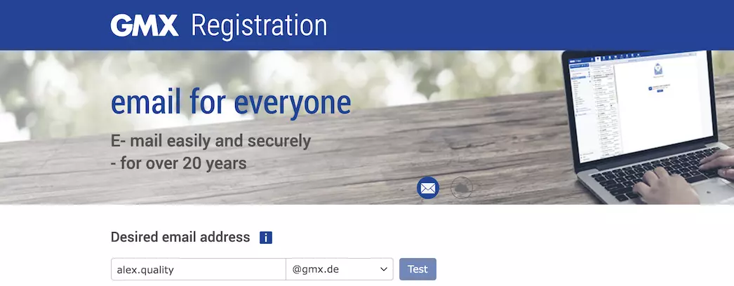 Stran za registracijo GMX z informativnimi polji