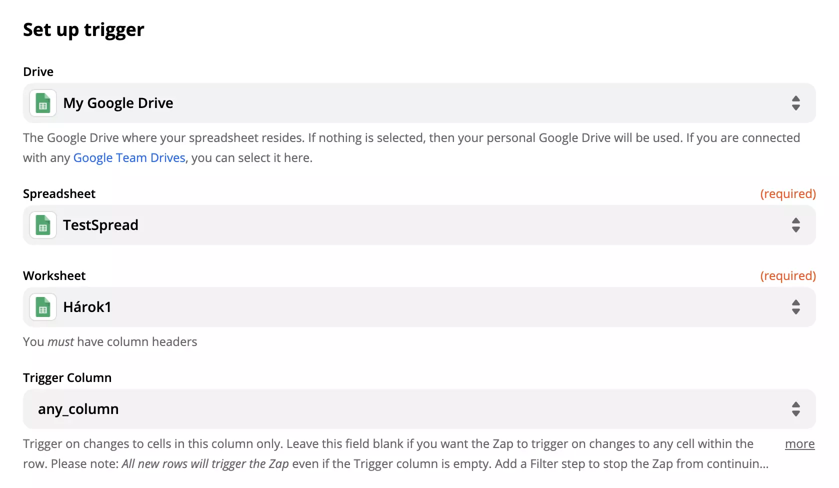 Možnosti in polja za nastavitev sprožilca Google Sheets