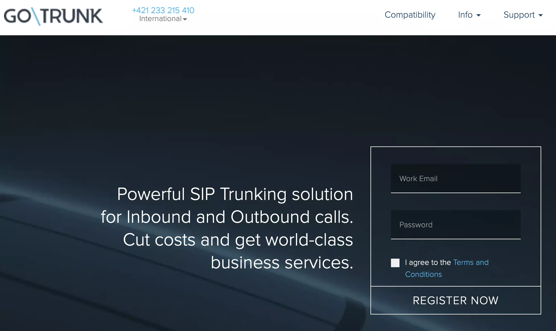 Stran za registracijo GoTrunk