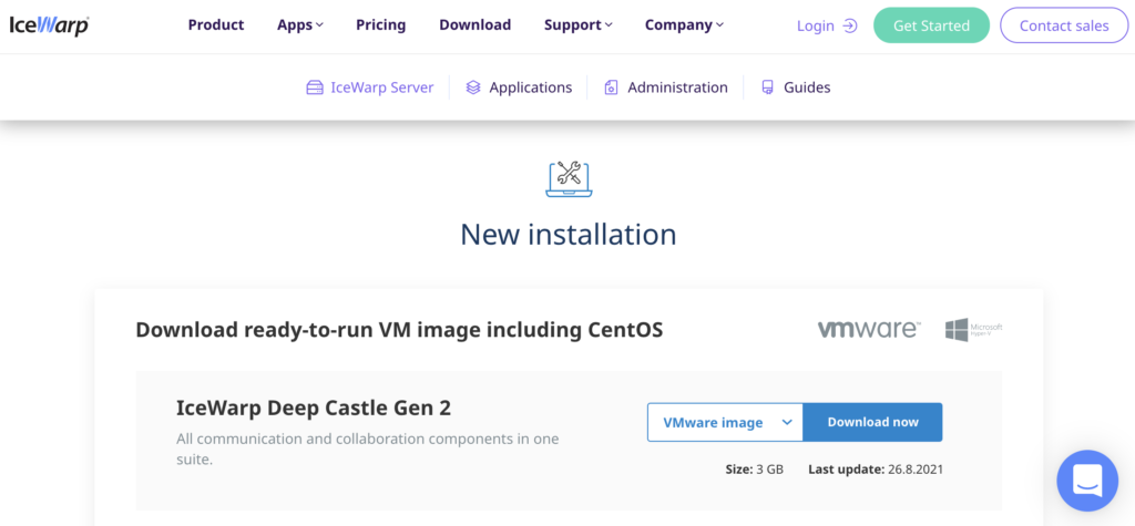 Spletna stran IceWarp z razdelkom za namestitev in povezavami za prenos