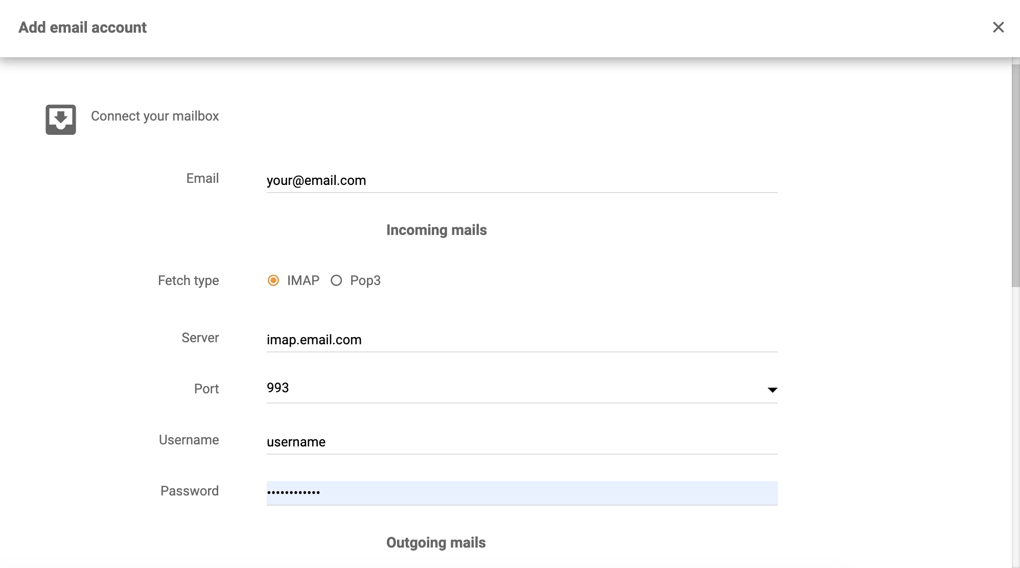 Dovecot podatki v nastavitvah integracije LiveAgent