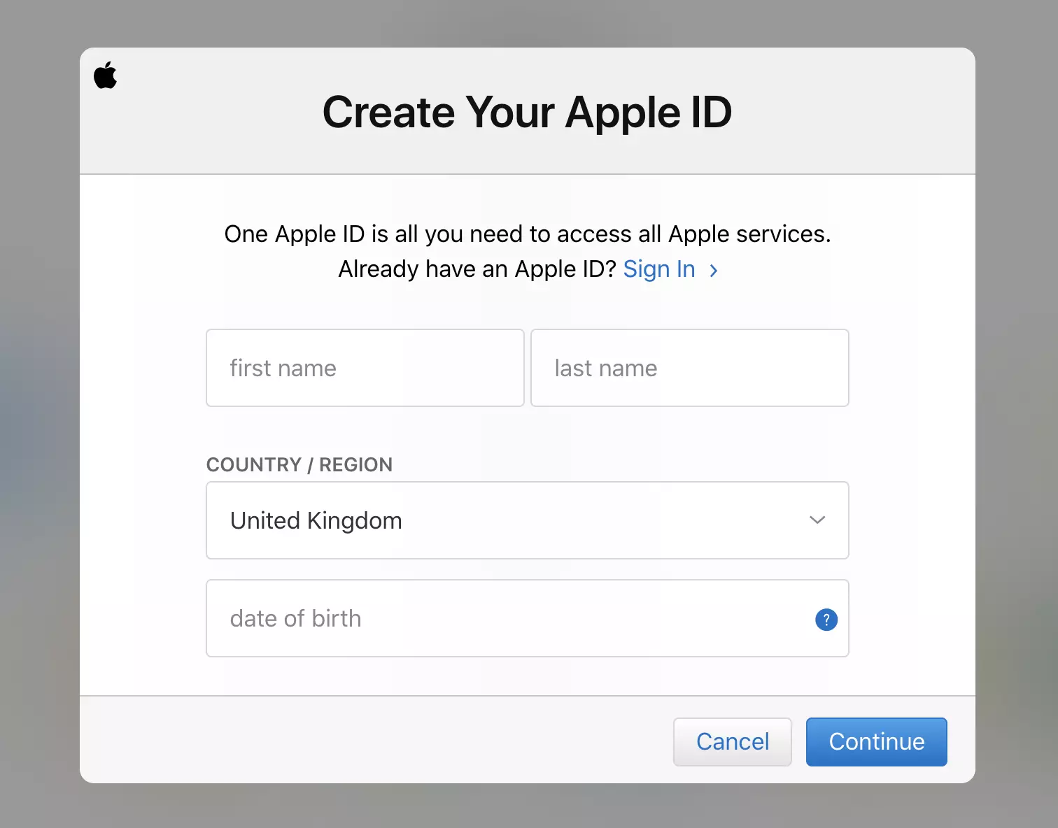 Obrazec za registracijo računa iCloud