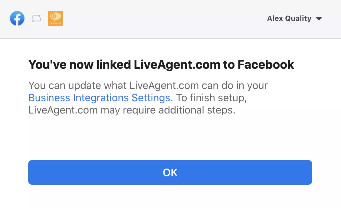 Pojavno okno, ki potrjuje uspešno integracijo med Facebookom in LiveAgent