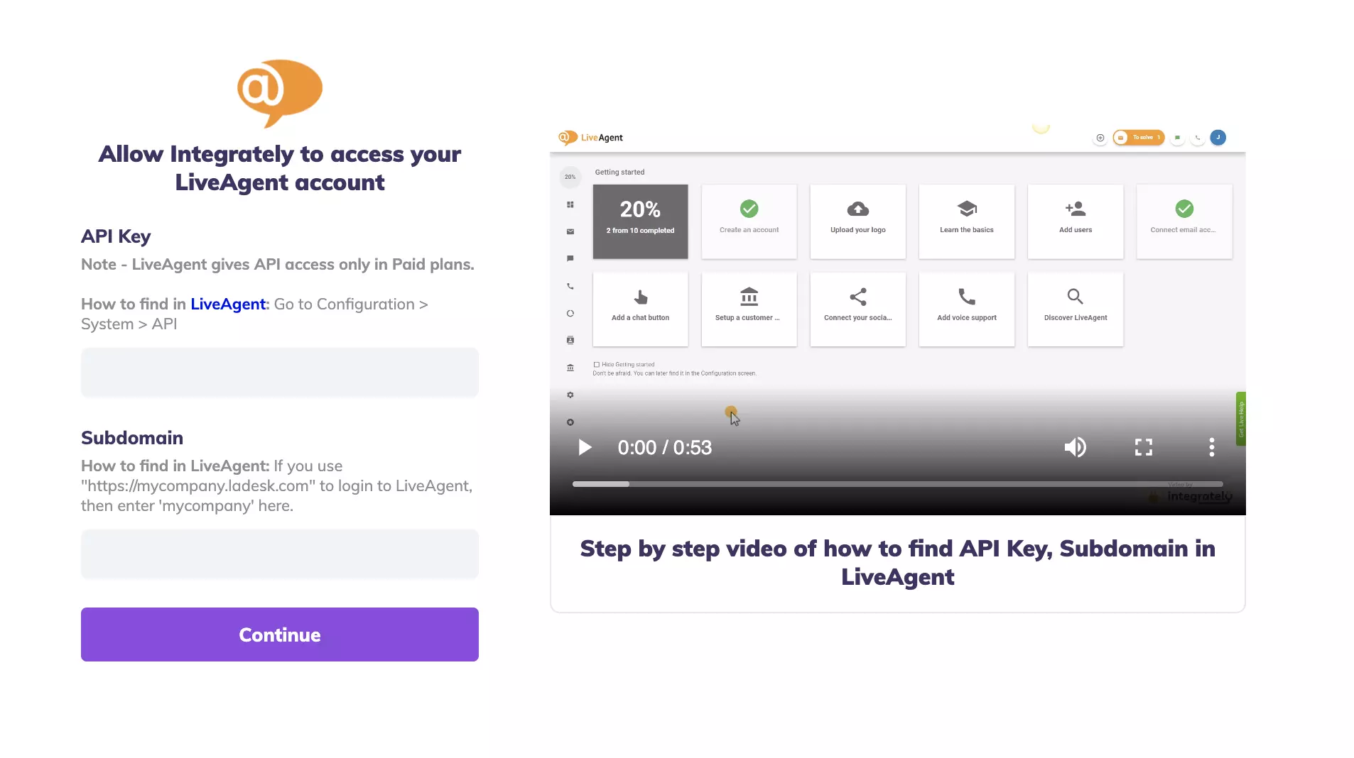 Polja ključa API in poddomena v testu integracije Integrately