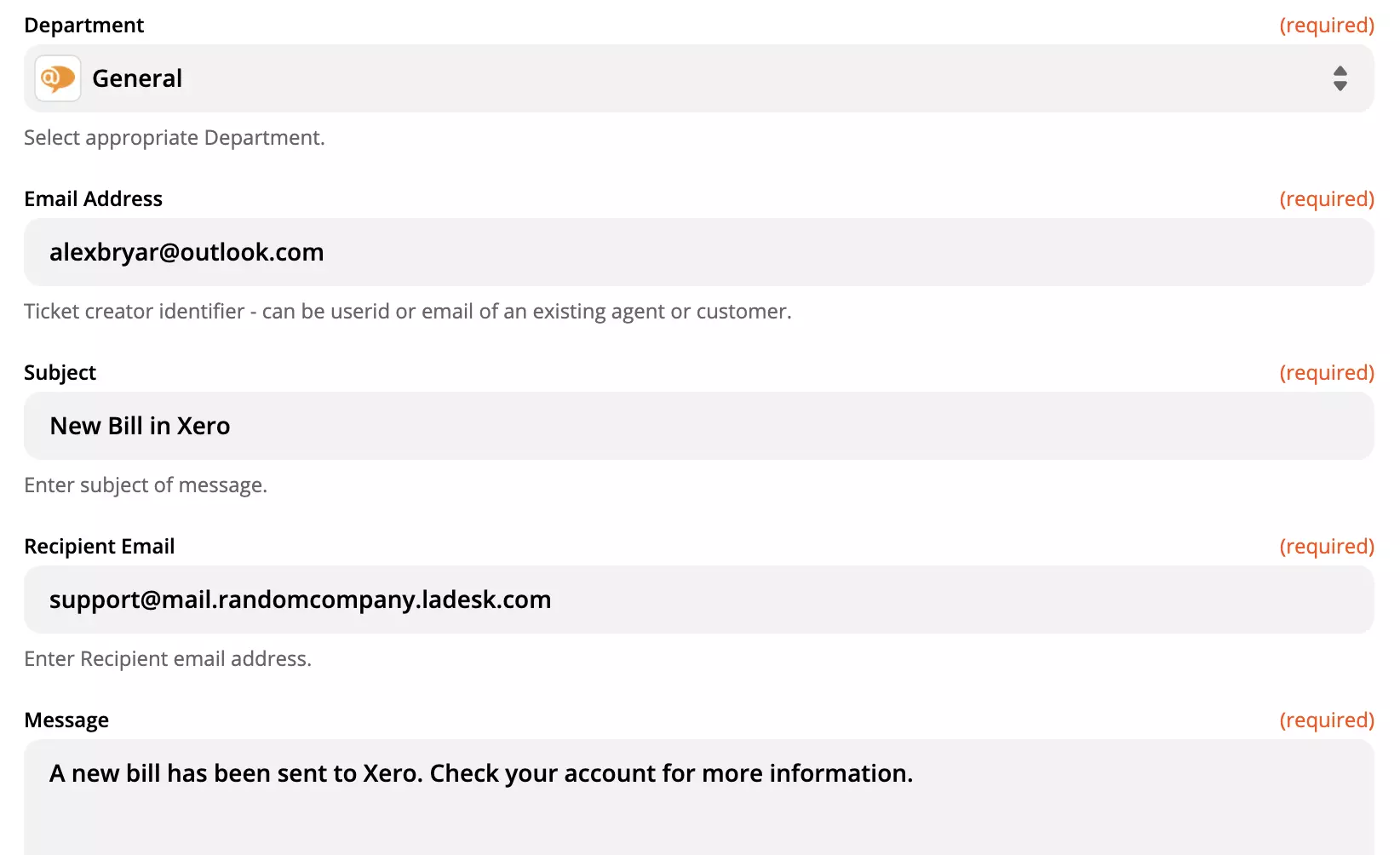 Možnosti konfiguracije dejanja LiveAgent na spletnem mestu Zapier