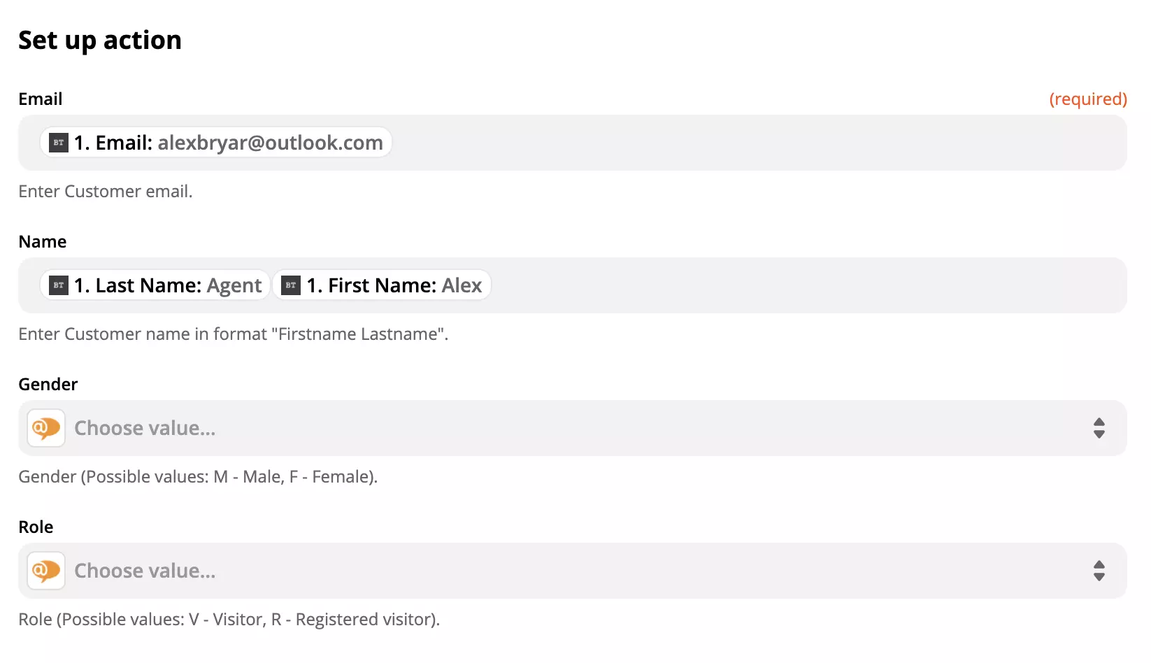 Konfiguracija dejanja LiveAgent s podatki v poljih na Zapier