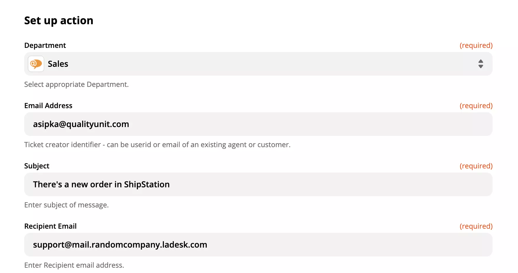 Konfiguracija dejanja LiveAgent