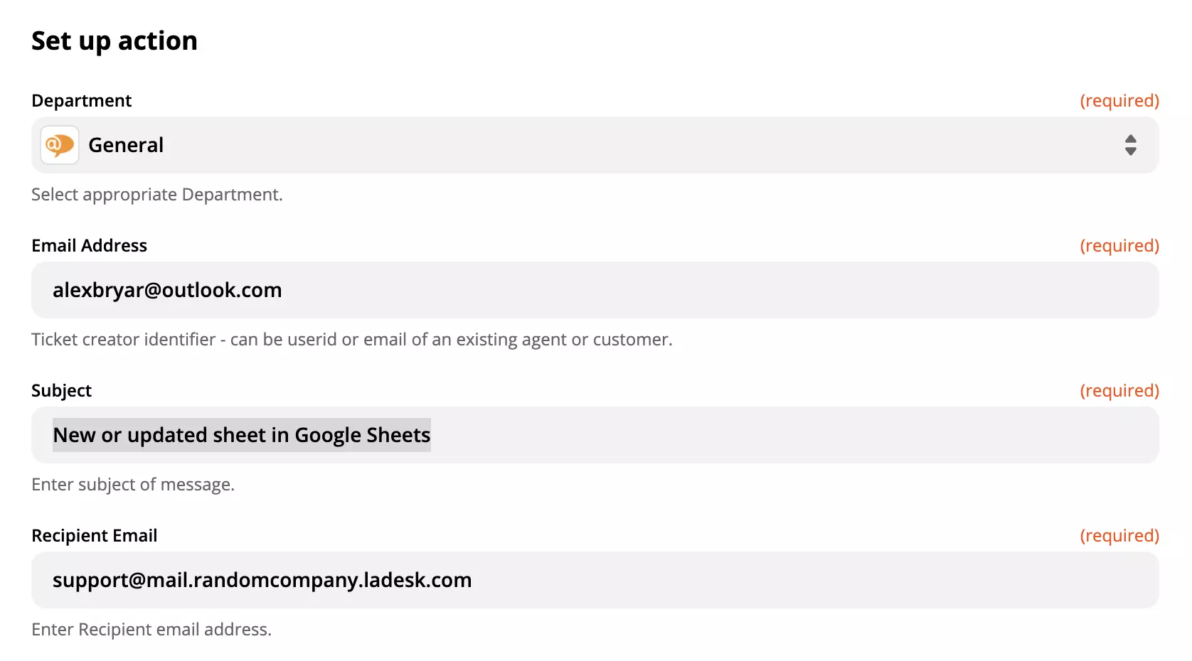 Nastavitev dejanja LiveAgent v integraciji Google Sheets