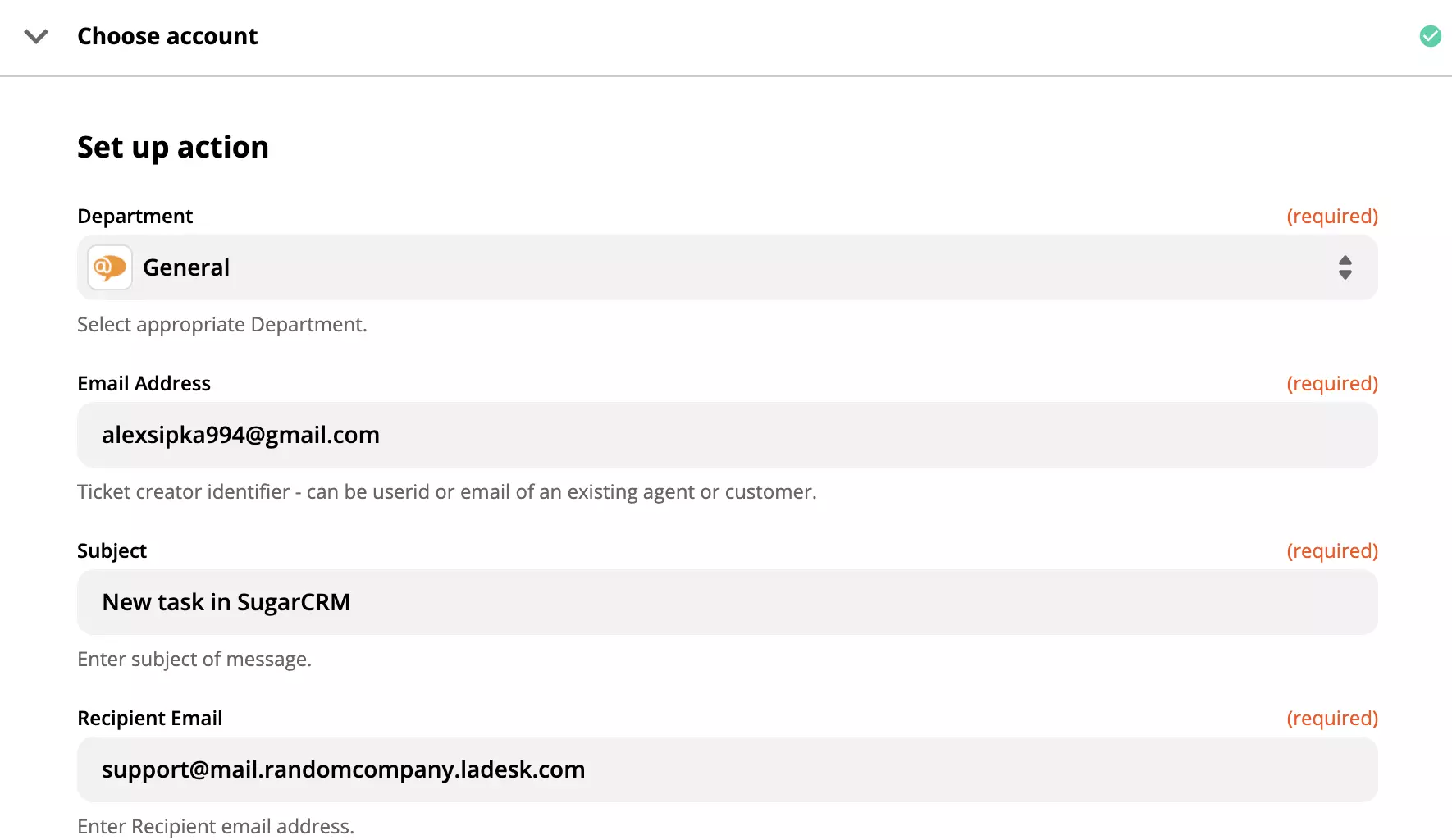 Nastavitev dejanja LiveAgent z zahtevanimi polji