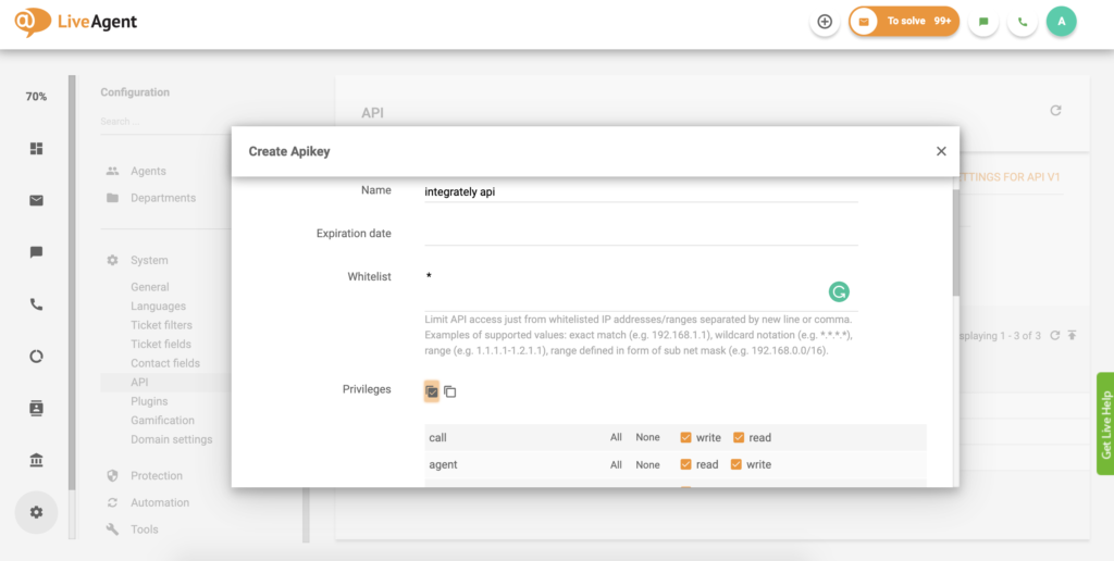 Nastavitev ključa API v LiveAgent