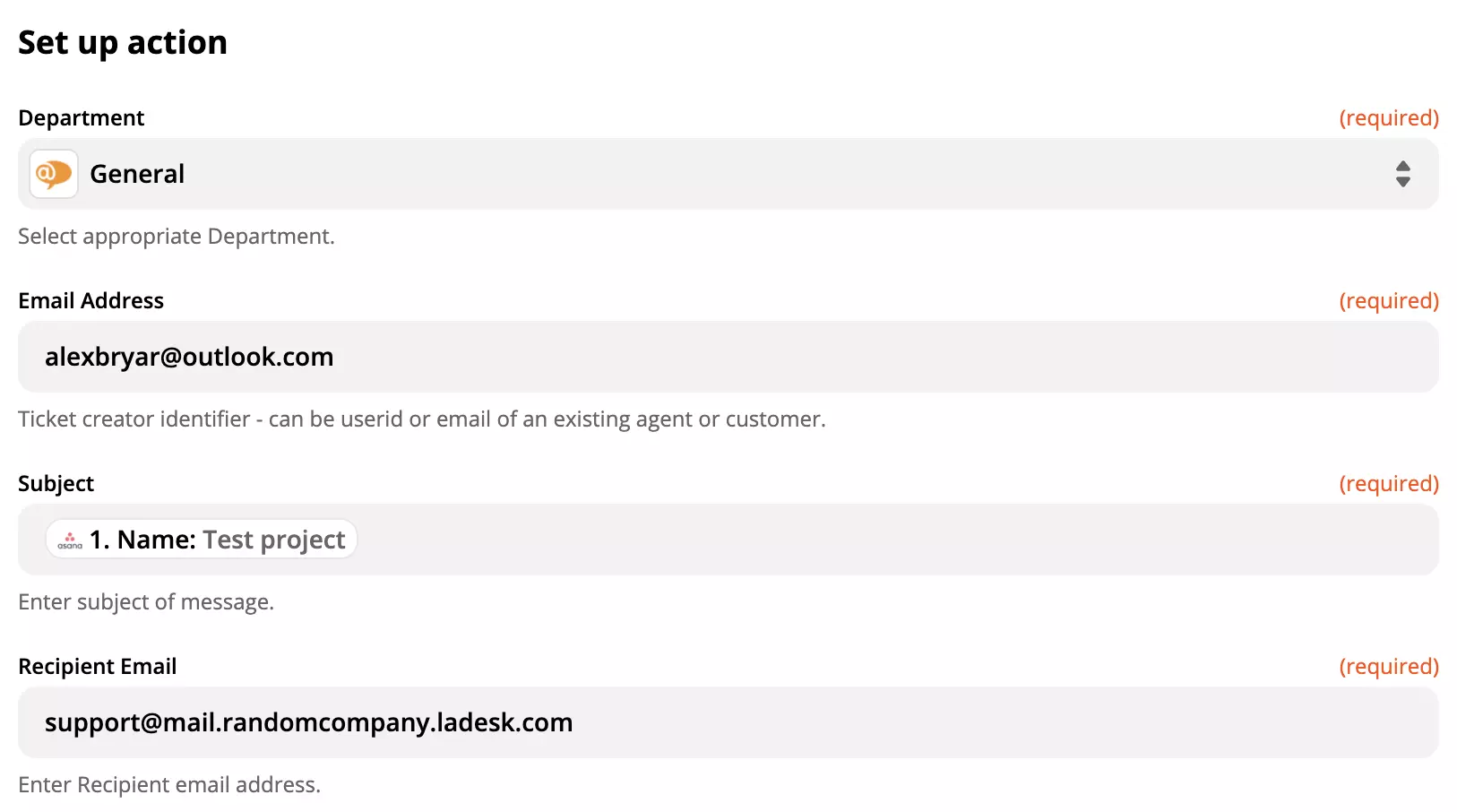 Nastavitev akcije LiveAgent v integraciji Asane na Zapier