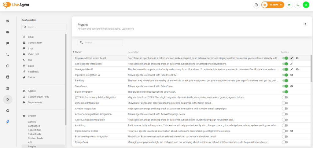 Aktivni vtičnik zunanjih informacij v konfiguraciji LiveAgent