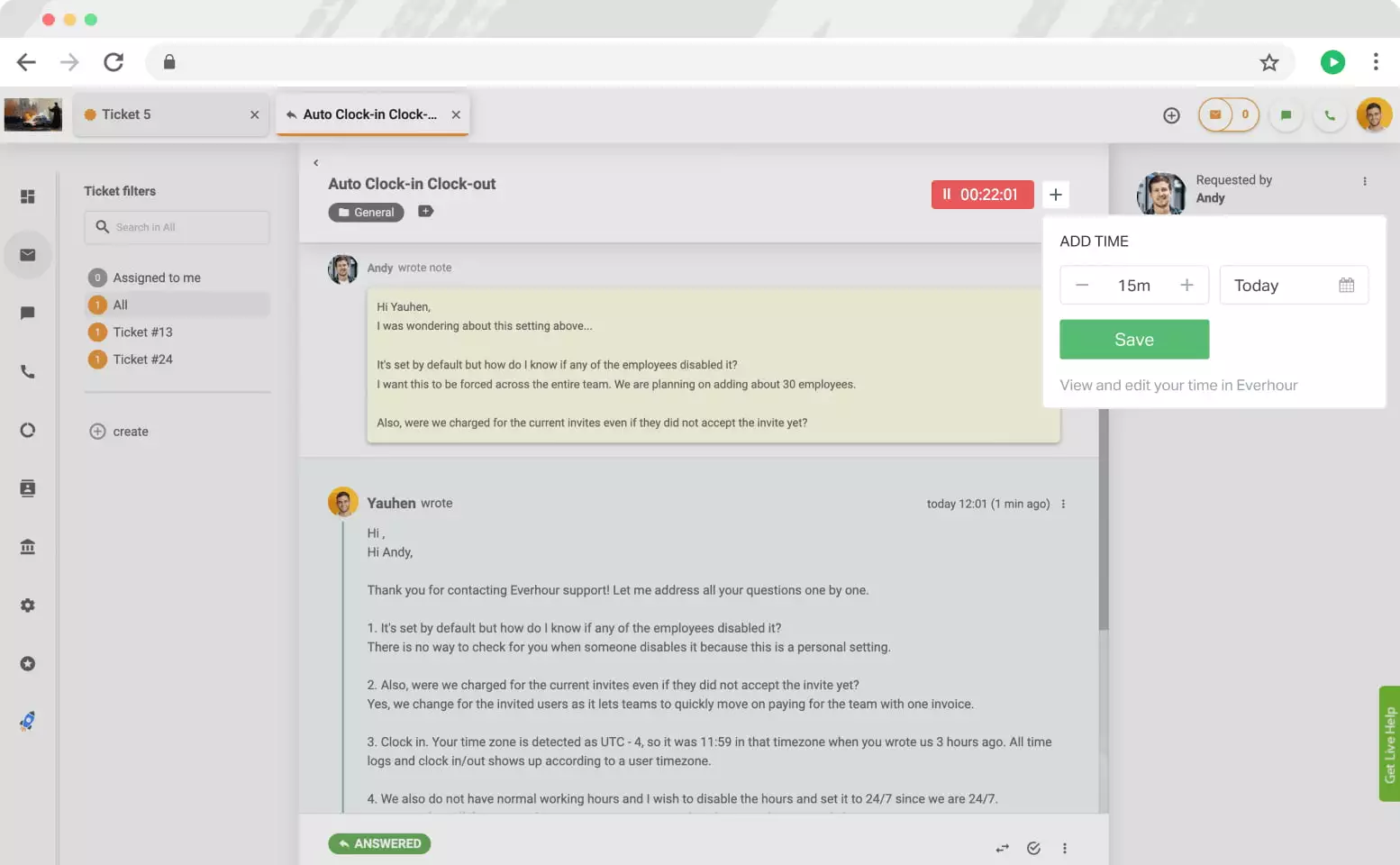 Kontrolniki Everhour v LiveAgent