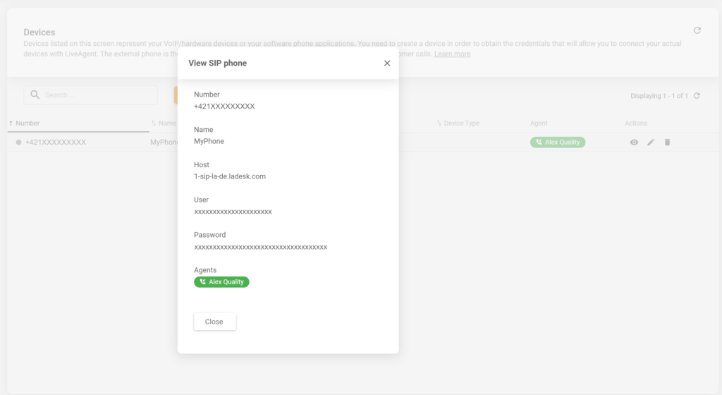 Podrobnosti novo ustvarjenega SIP telefona v konfiguraciji LiveAgent