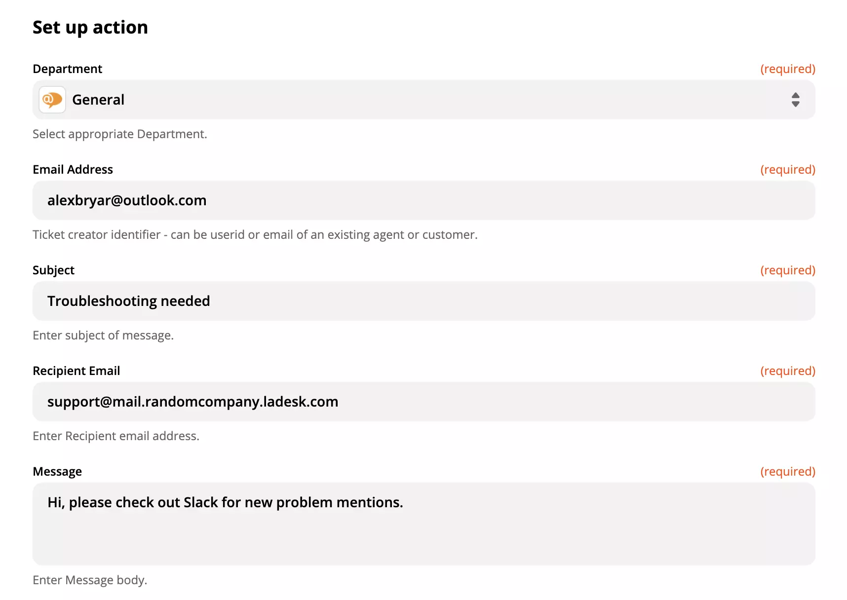 Izpolnjena konfiguracija LiveAgent akcije