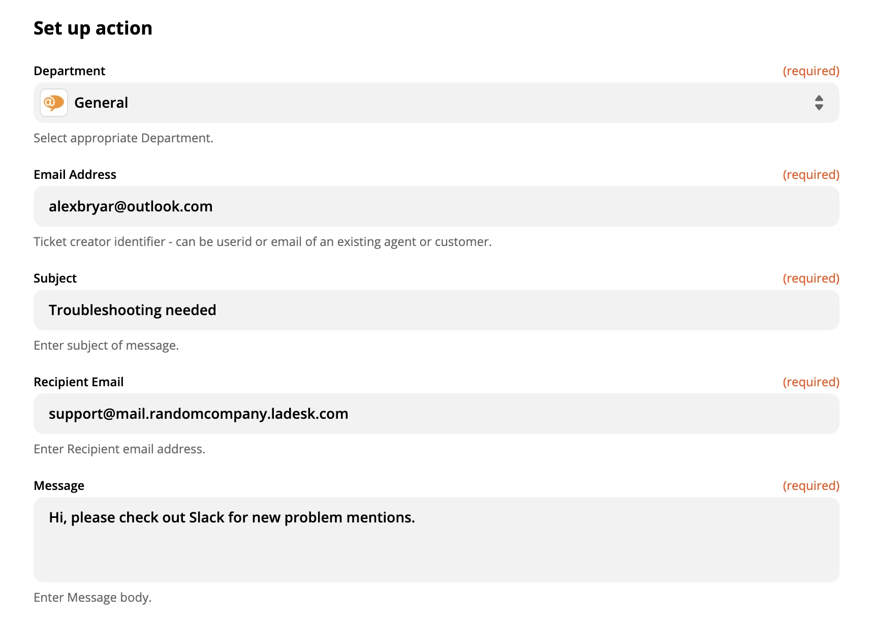 Prikaz nastavitve akcije LiveAgent na Zapier