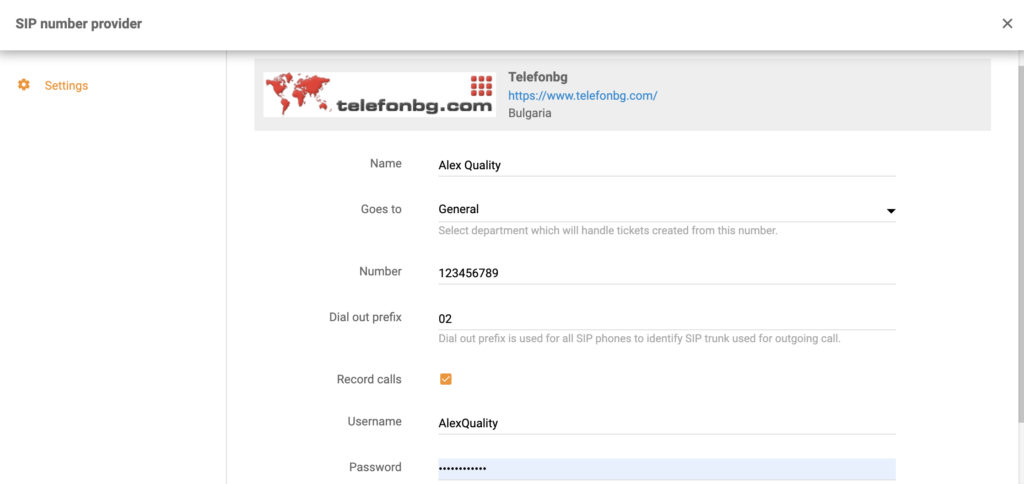 Nastavitev TelefonBG pri dodajanju nove številke klicnega centra v LiveAgent