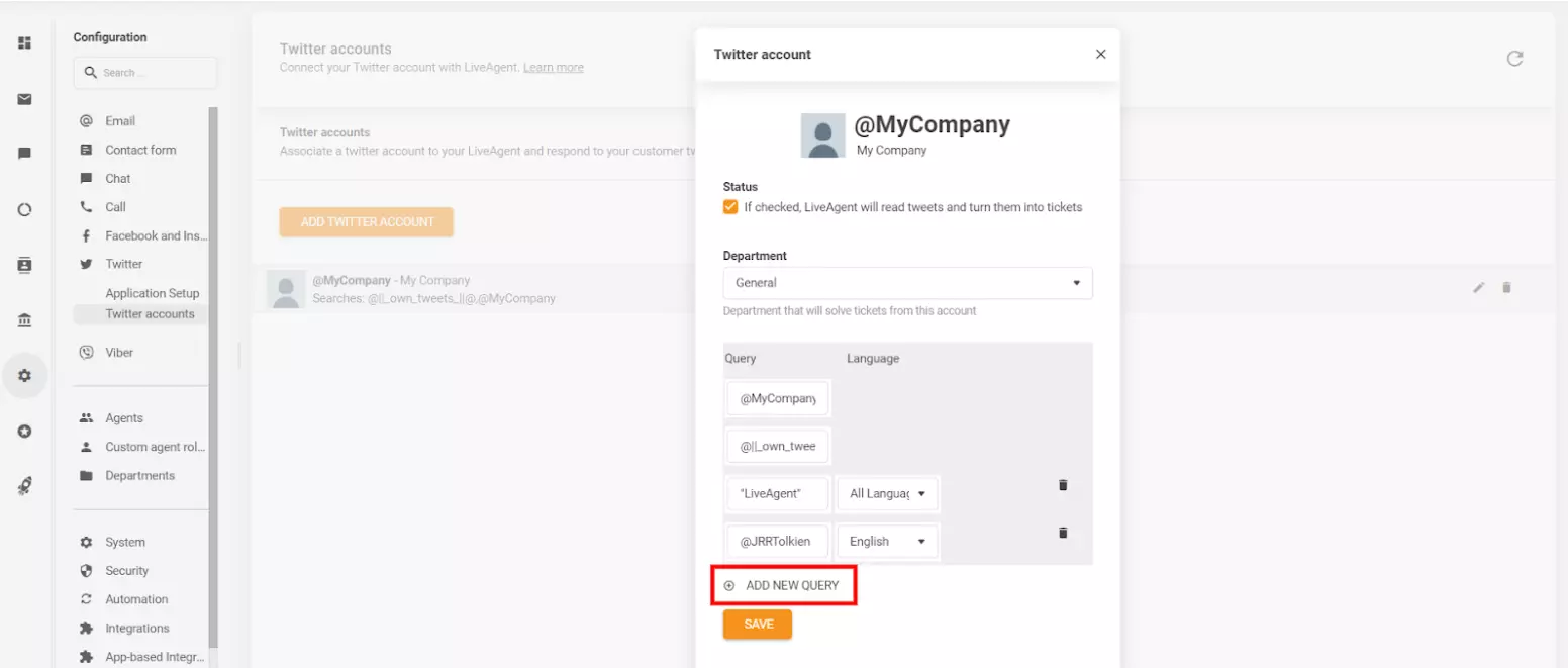 Slika prikazuje, kako definirati posebne parametre in prilagoditi, katere tvite (objave) želite spremeniti v vozovnice