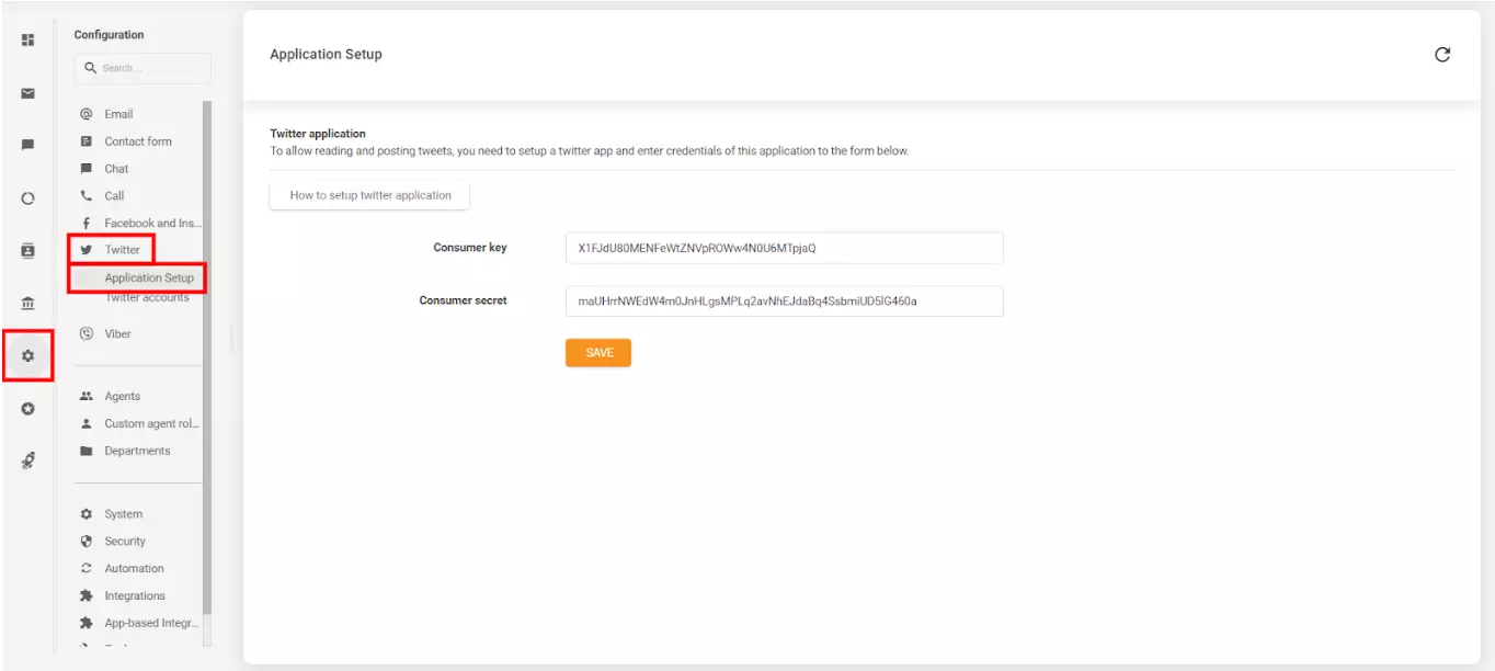 Slika prikazuje, kje in kako povezati svoj račun LiveAgent s svojim ustvarjenim računom Twitter (X)