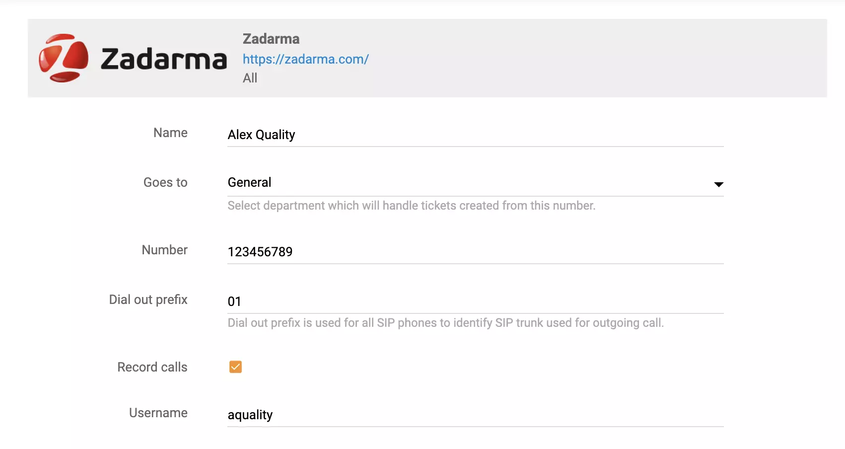 Možnosti nastavitve klica Zadarme v LiveAgent