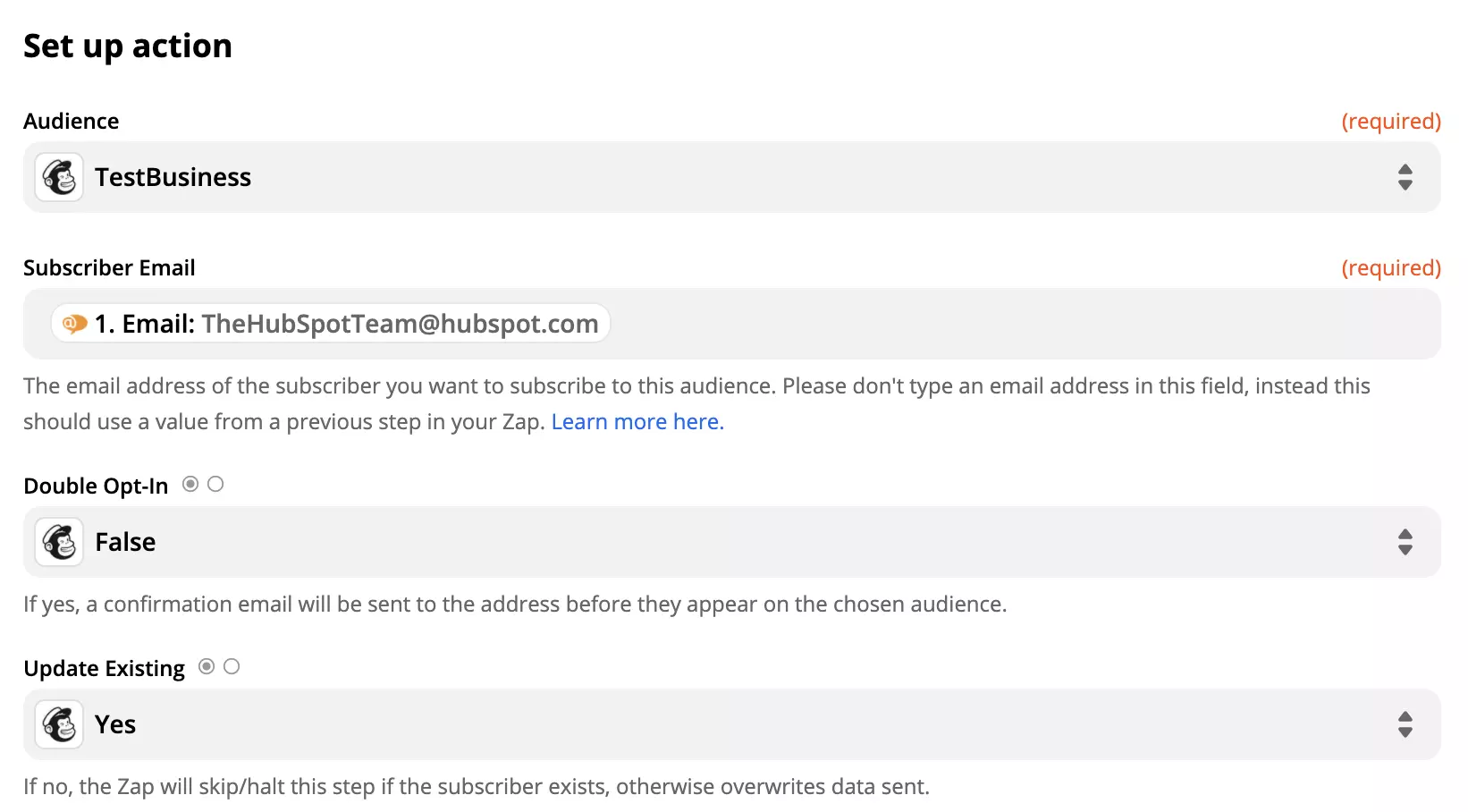 Nastavitev dejanja Mailchimp