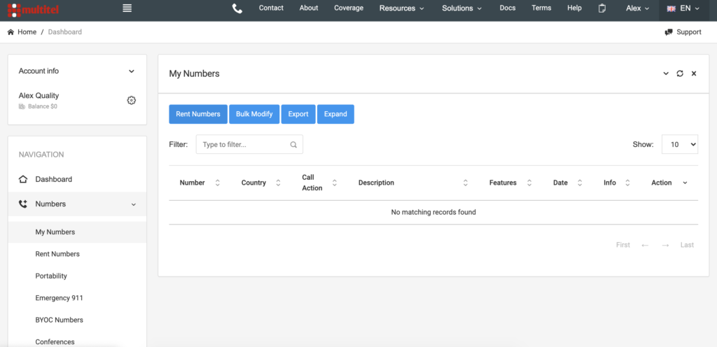 MultiTEL dashboard with number options