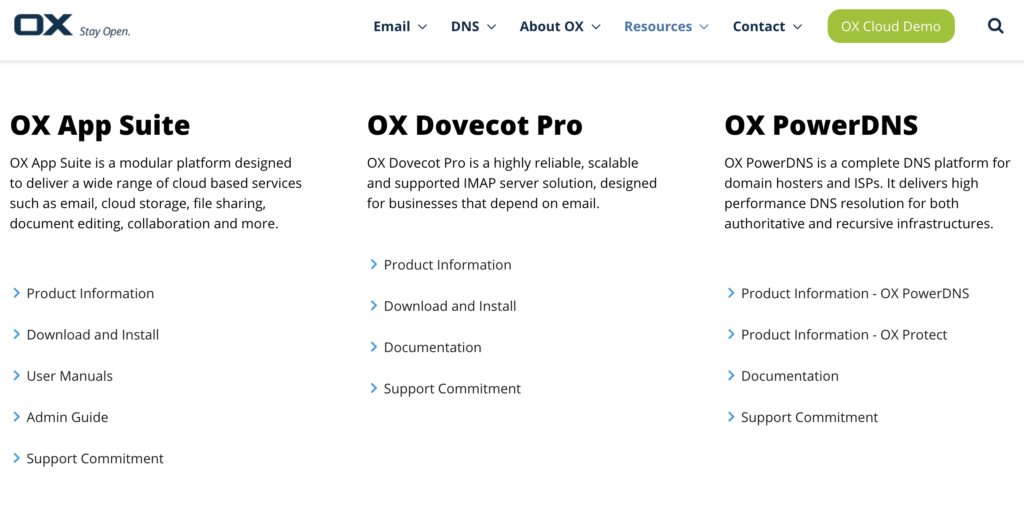 Spletna stran Open-Xchange z možnostmi prenosa in vodičih