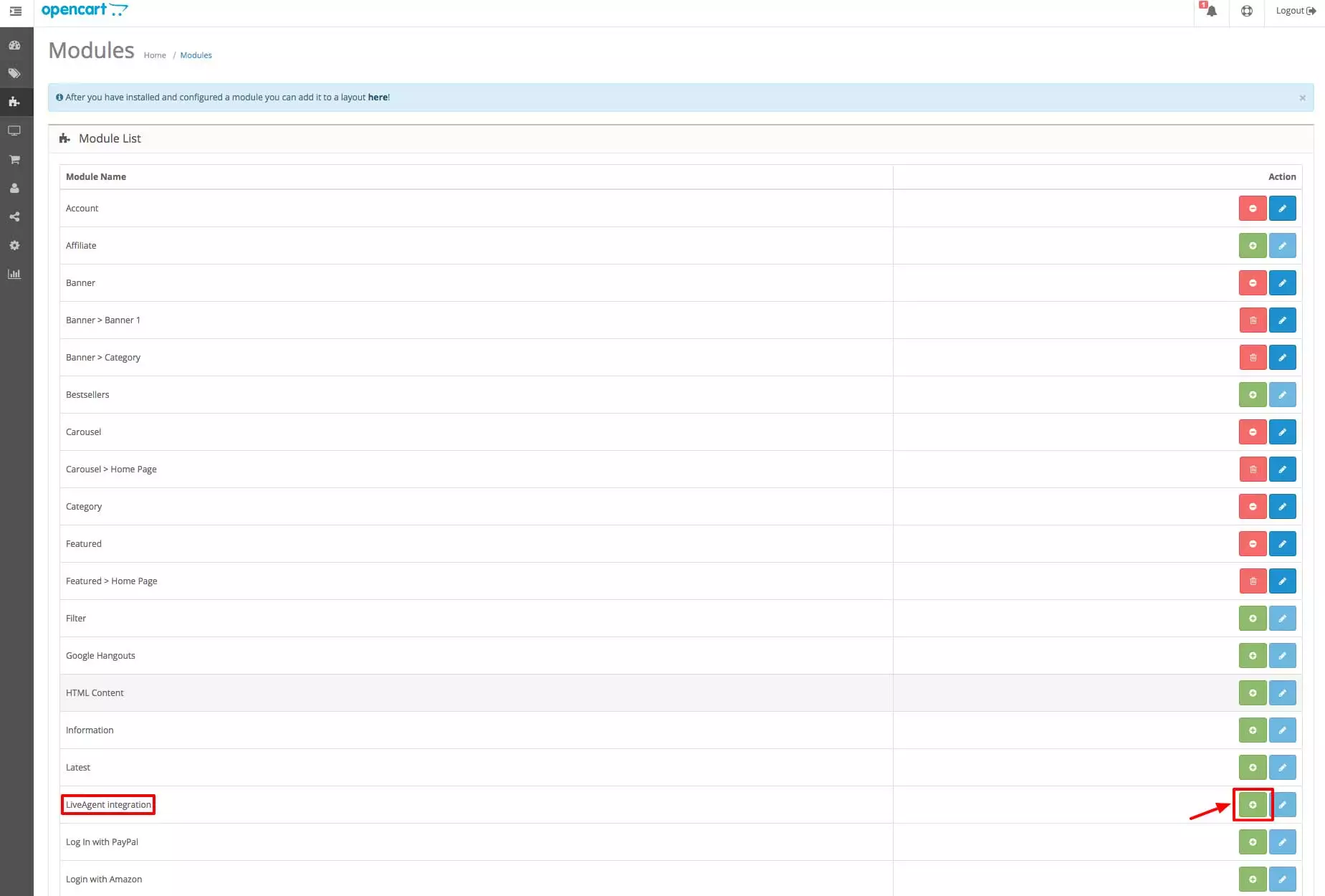 Integracija OpenCart LiveAgent - Razdelek Moduli