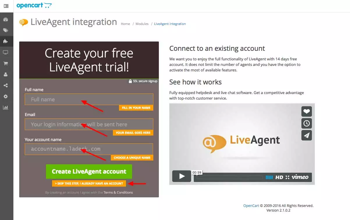 Integracija OpenCart LiveAgent - Vnesite poverilnice